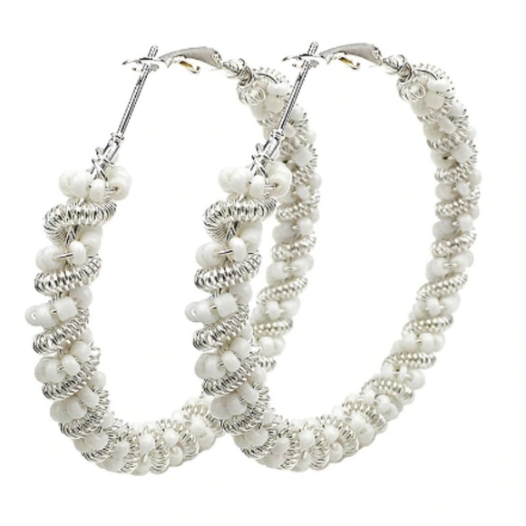 Jewelry - New, silver plated metal and bead hoop earrings.